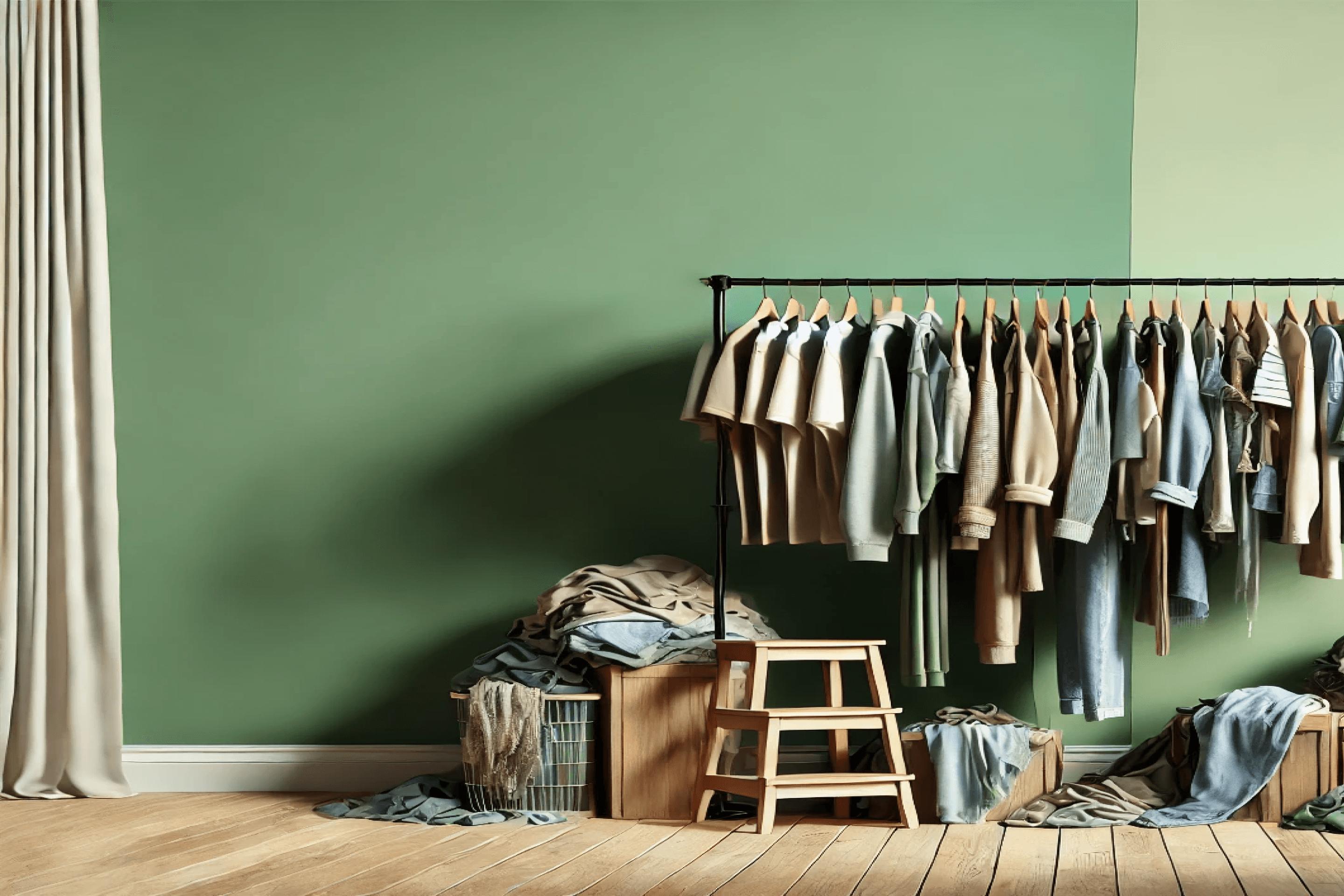 Cluttered wardrobe full of colorful clothes